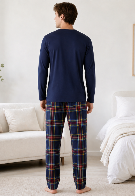 Pijama barbati Serena cu maneca lunga si pantalon lung-Bleumarin,Engros